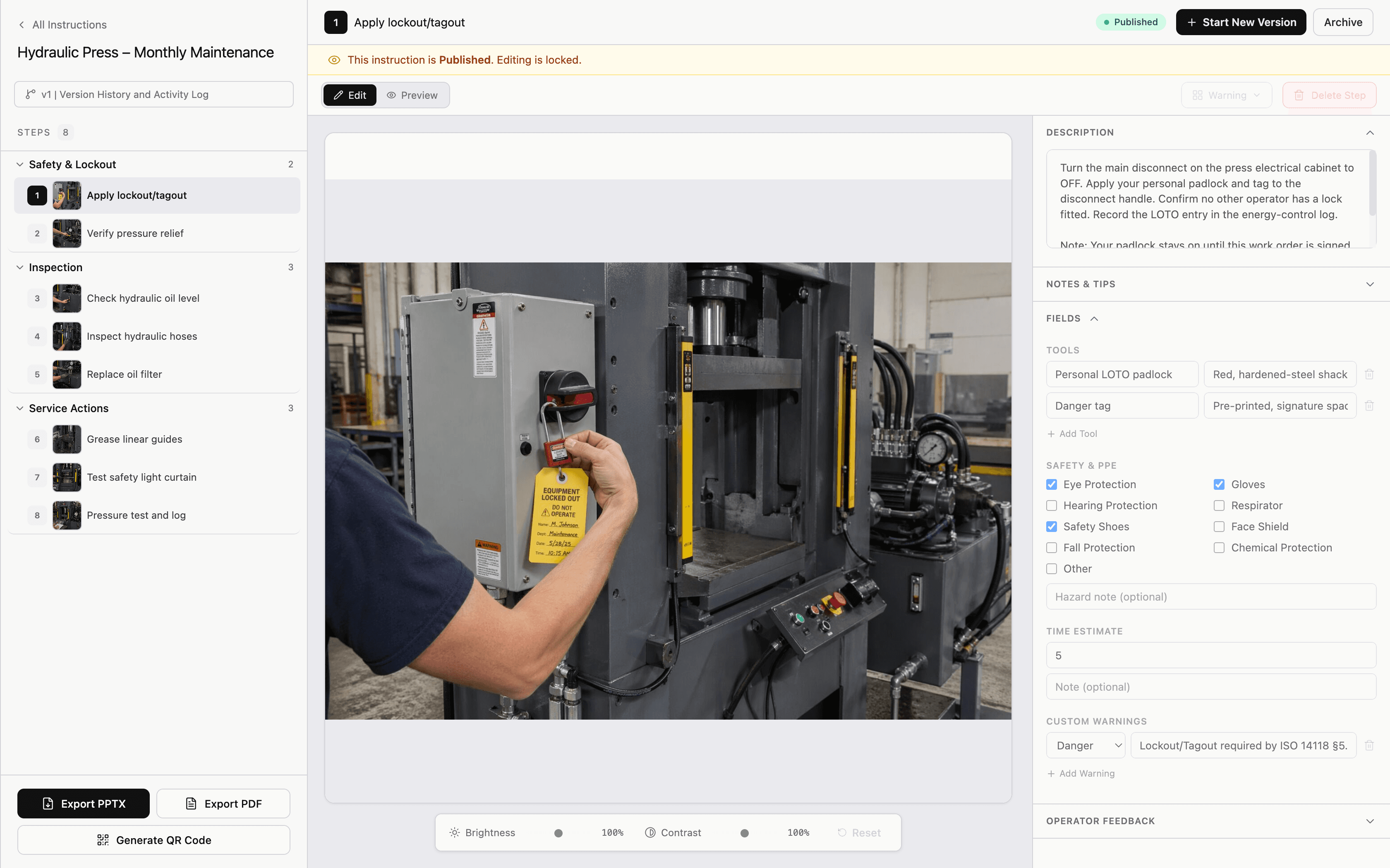 StepLinq step editor with photo, fields, and approval status